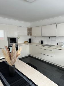 a kitchen with white cabinets and a plant in a vase at BM-Vermietung Hannover in Hannover