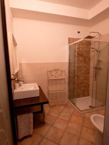 y baño con lavabo y ducha. en Casa degli Ulivi, en Civitella del Tronto