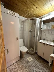 a bathroom with a shower and a toilet and a sink at Saajopolku 4 in Saariselka +36 photos