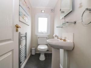 a white bathroom with a toilet and a sink at Caban Tywod in Pwllheli