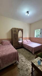 1 dormitorio con 2 camas y espejo. en Hostel Tia Ana, en São Paulo