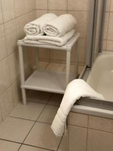 a bathroom with towels on a towel rack next to a tub at Hotel zur Eiche in Meerane