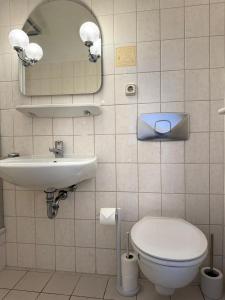 a bathroom with a toilet and a sink and a mirror at Hotel zur Eiche in Meerane