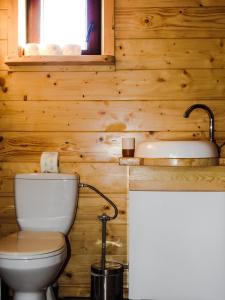 a bathroom with a toilet and a sink at Domki cało roczne z własnym stawem nad jeziorem in Ryn
