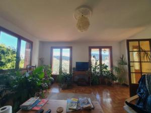 a living room filled with lots of plants at Maison tranquille au Vans in Les Vans