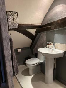 a bathroom with a toilet and a sink at Cromwell Cottage in Fakenham