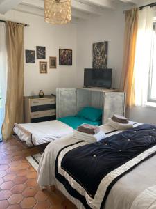 1 dormitorio con 2 camas y TV. en Chambre d'Hôtes LES ROCHES, en Corme-Royal