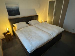 een slaapkamer met een groot bed met 2 kussens bij Casa Manderscheid in Manderscheid
