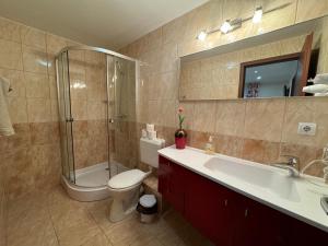 een badkamer met een douche, een toilet en een wastafel bij Oregano Apartmanok Siófok in Siófok