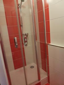 a bathroom with a shower with red and white tiles at Klatovy Apartment in Klatovy