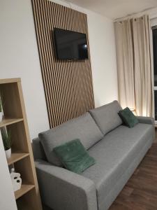 a living room with a couch with a television on the wall at Klatovy Apartment in Klatovy