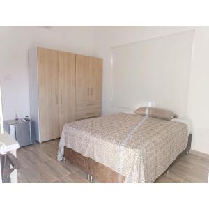 1 dormitorio con 1 cama y armario de madera en Posada Campestre en Doradal, en Puerto Triunfo