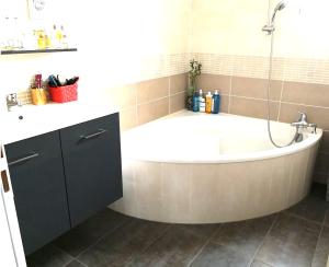 a bath tub with a shower in a bathroom at Maison de 3 chambres avec piscine privee jardin clos et wifi a Saint Gely du Fesc in Saint-Gély-du-Fesc