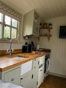 a kitchen with a sink and a counter top at Woodpecker Shepherds Hut in Boston