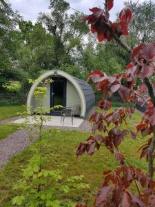 a gazebo with a table and a chair in a garden at Mount Hillary Holiday Pods in Cork