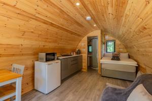 Cabaña de madera con cocina y sala de estar en Mount Hillary Holiday Pods, en Cork