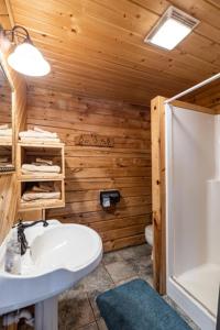 uma casa de banho com um lavatório branco e um WC. em Sleeps 7 Rustic Loft At Riviera Resort! em Neillsville
