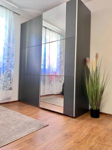 a large mirror in a room with a plant at Apartment Jasna in Jasenak