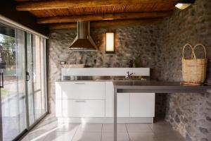 a kitchen with a sink and a stone wall at Cottage de los Andes in Mendoza