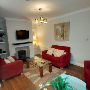 a living room with two red couches and a fireplace at Russell Mews in Ennis