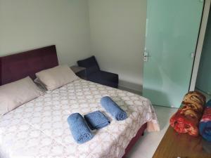 um quarto com uma cama com duas almofadas azuis em Casa Completa da Magui - 02 em Pomerode