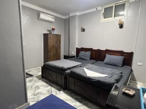 a bedroom with a bed and a mirror at Aton pyramids INN in Cairo