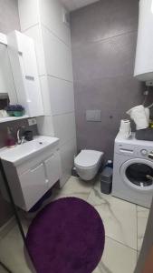 a bathroom with a toilet sink and a purple rug at Apartment Ole Stuga in Struga +8 photos