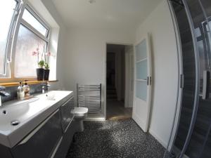 a bathroom with a sink and a mirror at Bournemouth Town Walk to Beach Train Bus Clubs Night life Parking Kitchen TV etc in Bournemouth