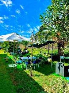 un jardín con mesas, sillas y sombrillas en Caloura Fire Accommodation, en Lagoa