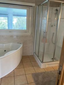een badkamer met een bad en een douche en een raam bij Neeravert in Londerzeel