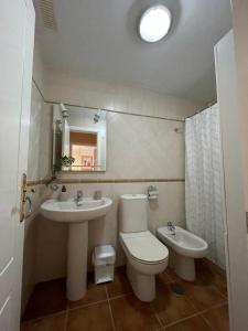 y baño con aseo, lavabo y espejo. en Apartamento Isla Canela Los Cisnes, en Isla Canela