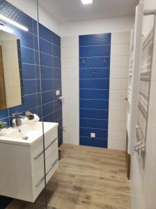 uma casa de banho com um lavatório e um espelho em Apartman Aranyhal City em Sárvár