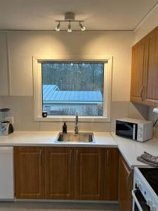 uma cozinha com um lavatório e uma janela em Big villa by the lake em Olofström