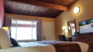 a bedroom with a bed with a television and a window at Forks Motel in Forks