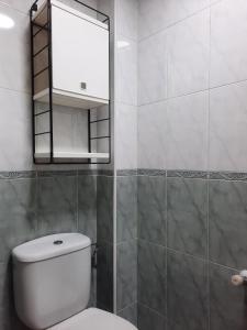 a bathroom with a white toilet and a mirror at Apartamento Candelaria in Zamora