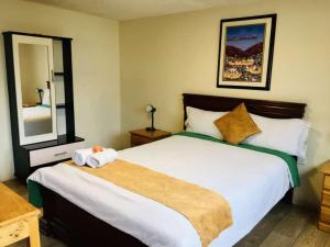1 dormitorio con 1 cama grande y espejo grande en Hostal Monte Carmelo, en Baños