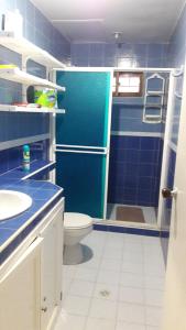 La salle de bains bleue est pourvue de toilettes et d'un lavabo. dans l'établissement APARTA-HOTEL YINNAM ARRIETA, à San Andrés
