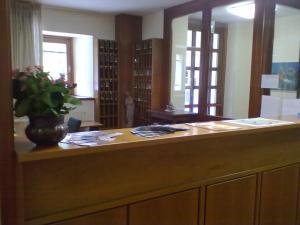 Casa Montana S. Maddalena في سان فيتو دي كادوري: مكتبة بها مكتب وبه نباتات الفخار