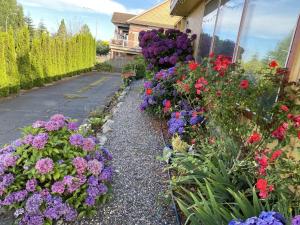 a garden of flowers in front of a house at Holiday House Motel in Ladysmith