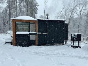 un pequeño edificio en la nieve con nieve en The Dome house near Hunter and Hudson, en Catskill