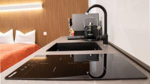 a kitchen counter with a sink in a hotel room at Lake Star in Brissago