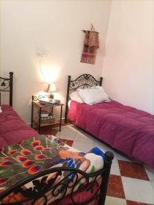 a bedroom with two beds and a table with a lamp at Maison du Fleurs in Taroudant