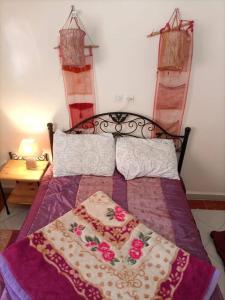 a bedroom with a bed with a blanket and pillows at Maison du Fleurs in Taroudant