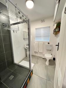 uma casa de banho com um chuveiro e um WC. em Sea Point at Princeton Place em Cidade do Cabo