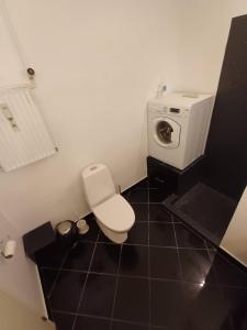 La salle de bains est pourvue de toilettes et d'un lave-linge. dans l'établissement Stylish Apartment On Pedestrian Street Randers, à Randers