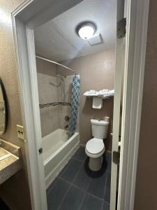 a bathroom with a toilet and a tub and a sink at Star Inn in Tonopah