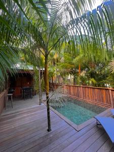 a palm tree on a deck with a swimming pool at Ti Kaz Açaï in Le Lamentin