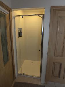 a shower with a glass door in a bathroom at Hot Springs Landing Pad in Rye