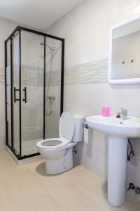 a bathroom with a shower and a toilet and a sink at Las casinas de Piedralba 