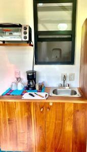 a kitchen counter with a sink and a microwave at Maison Bacalar in Bacalar